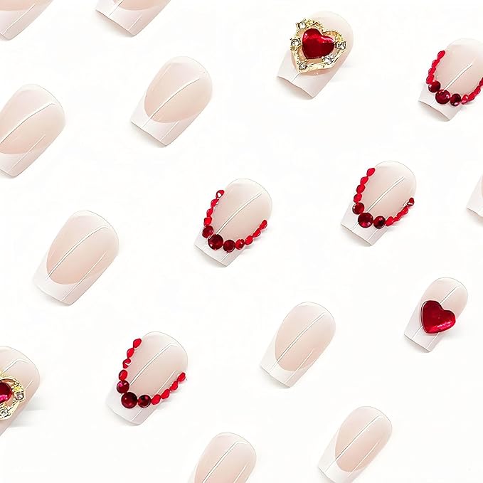Coffin Press on Nails White French Tip Glue on Nails Short Fake Nails Thick False Nails with Red Heart Rhinestones Designs Glossy Artificial Nails Natural Stick on Nails for Women 24Pcs