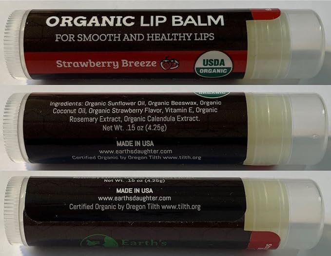 USDA Organic Lip Balm 4-Pack by Earth's Daughter - Strawberry Flavor, Beeswax, Coconut Oil, Vitamin E - Best Lip Repair Chapstick for Dry Cracked Lips.-VivaGrace Women