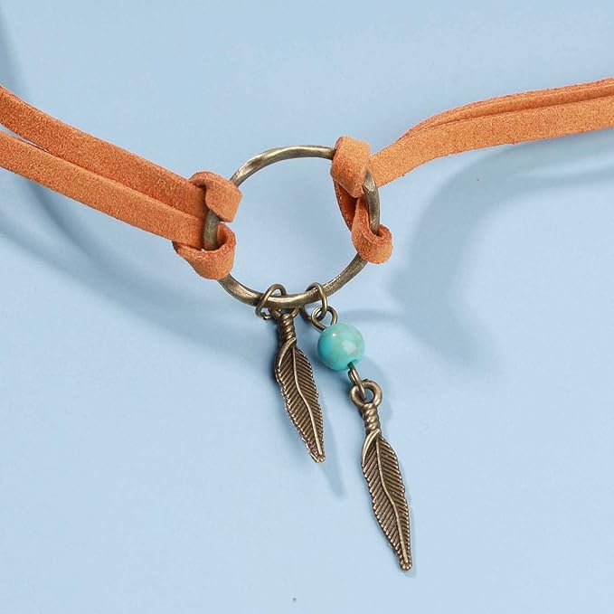 Boho Layered Suede Choker Necklace Tiny Leaf Pendant Necklace Chain Brown O Ring Leather Choker Necklace Turquoise Bead Necklace Chain Jewelry for Women and Girls-VivaGrace Women