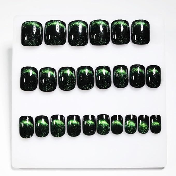Green Press On Nails Short Square,Cat Eye Fake Nails,Defined Smile Line Design with a Radiant Gloss Effect, Glossy Gel Finish Acrylic Short Press On Nails, Thick Reusable Glue On Nails for Women