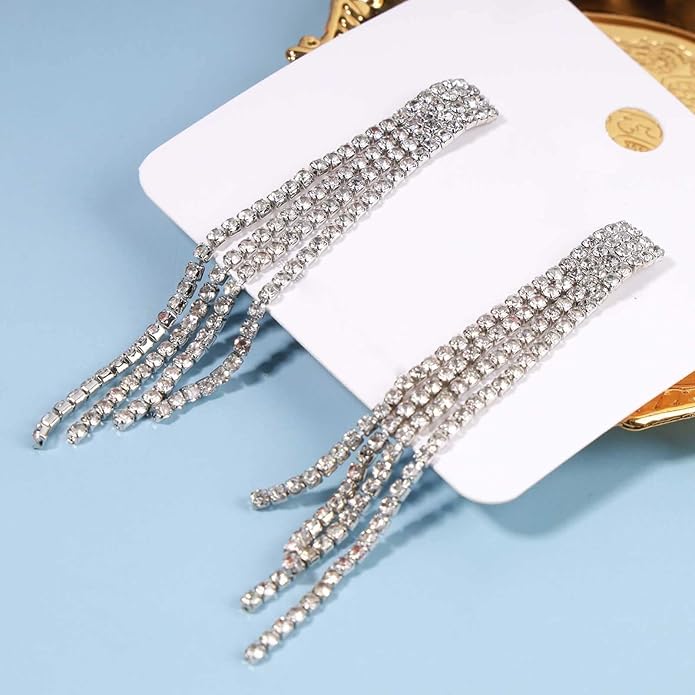 Boho Rhinestone Tassel Earrings Long Fringe Drop Dangle Earrings Silver Crystal Chain Tassel Earrings Vintage Chandelier Chain Studs Earrings Luxury Statement Earrings Jewelry for Women and Girls Gifts-VivaGrace Women