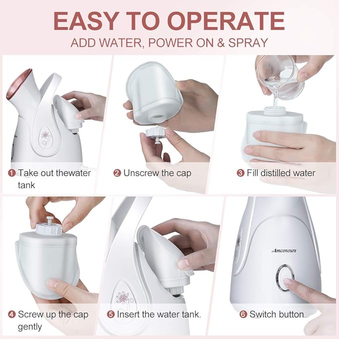 Facial Steamer, Amconsure Nano Ionic Face Steamer for Home, 100ML Warm Mist Humidifier for Women Moisturizing, Unclogs Pores-Bonus Stainless Steel Skin Kit and 2 Face Scrubbers-VivaGrace Women