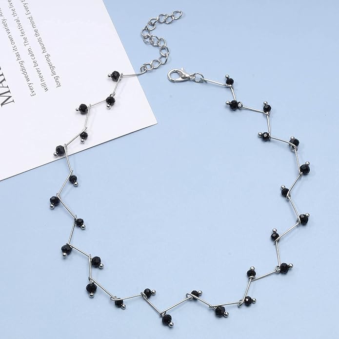 Black Crystal Choker Necklace Short Black Beaded Choker Necklace Silver Chain Necklace Minimalist Necklace Jewelry for Women and Girls-VivaGrace Women