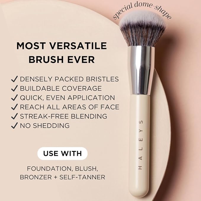 HALEYS Kabuki Makeup Brush + GWP Skin Tint Mini, VEGAN+CRUELTY-FREE, Sustainable Wood, Vegan Bristles for Airbrushed Finish, For Creams, Liquids, Powder, Streak-free, Perfect Blending, Buffs, Blurs-VivaGrace Women