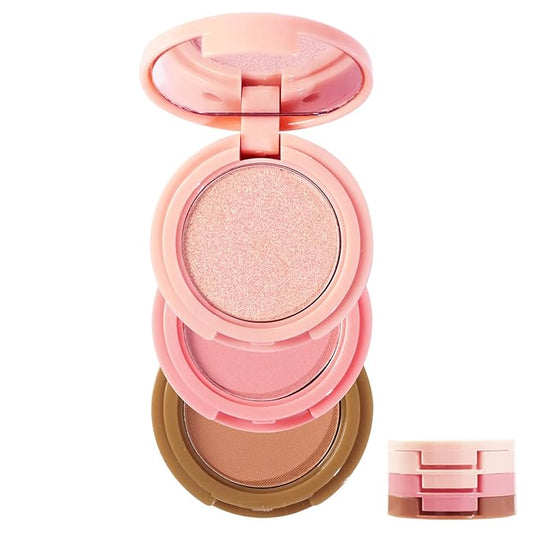 3-in-1 Blendable Trio, Contour and Highlight Blush Makeup Palette, Cream Bronzer, Silky Smooth Powder Blush, Shimmer Highlighter Makeup Powder, Pink Brown Eyeshadow Palette with Mirror(02)-VivaGrace Women