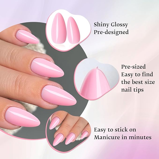 LoveOurHome 240pc Medium Almond Press on Nails Colored Pink Fake Nail Tips Full Cover Artificial Fingernail French Stiletto Manicure with Adhesive Tabs for Women Girls
