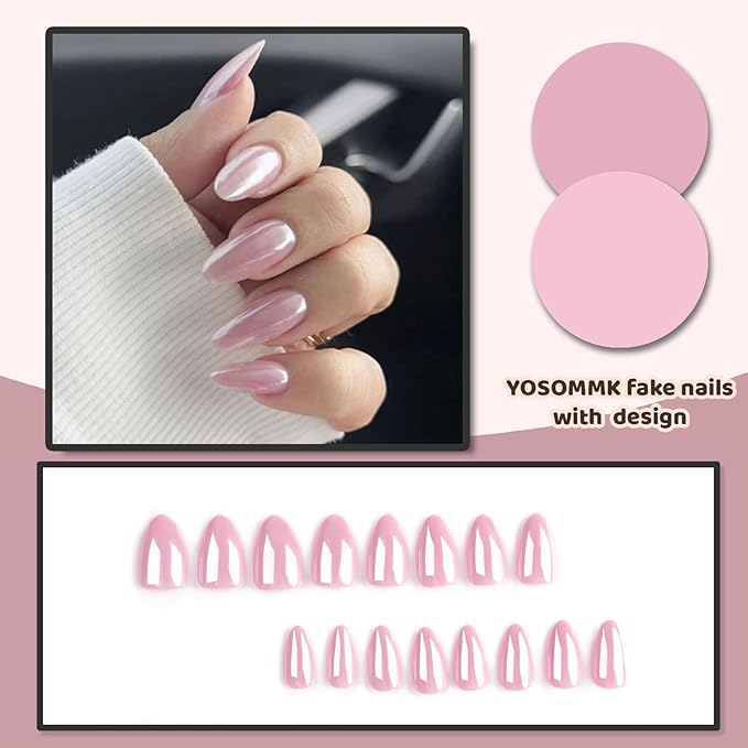 Pink Chrome Press on Nails Almond Medium Fake Nails with Designs Full Cover False Nails Glossy Glue on Nails for Women and Girls