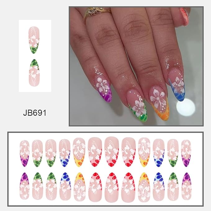 Colorful French Tips Press on Nails Medium Almond Fake Nails with White Flower Designs Spring Nails Press ons,Glossy Reusable Floral False Nails for Women Girls Manicure 24pcs