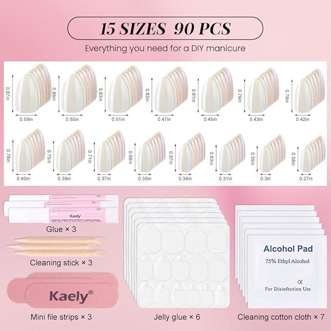 Chrome Beige Nude Beige Press On Nails Short Almond 90 Pcs Kit, Designer Reusable Acrylic Fake Nails with Glue, Glossy Soft Gel Nails for Women Wedding Party Gift - Stick On Glue On Nails Kit