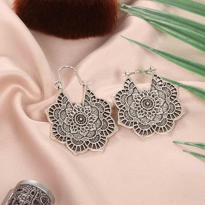 Boho Mandala Flower Earrings Gold Drop Dangle Earrings Tribal Earrings Vintage Ethnic Hoop Earrings Jewelry for Women and Girls-VivaGrace Women