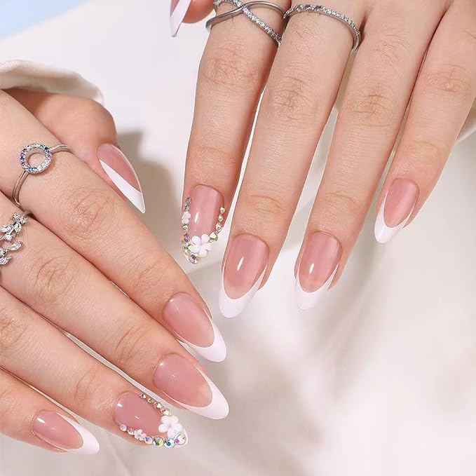 White French Tip Press On Nails - Medium Almond Fake Nails with Diamond Design, Rhinestone Flower, Glue On, Artificial Acrylic Glossy Full Cover Stick On Nails - 24pcs