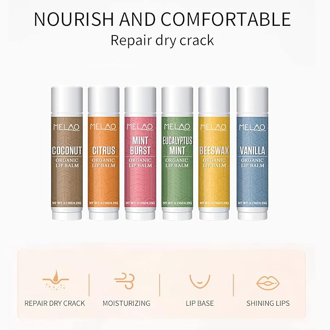 Lip Balm with Nourishing and Hydrating for Dry Cracked Lips, Natural and Organic Ingredients Lip Butters, Lip Balm Set (6 Pack), 6 Scents(Coconut, Citrus, Mint, Eucalyptus Mint, Honey, Vanilla)-VivaGrace Women