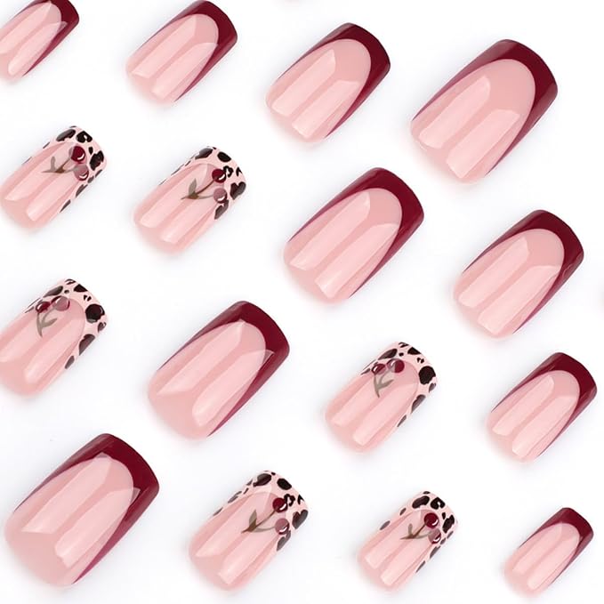 French Tip Press On Nails Square Short, Leopard Cherry French Tip Short acrylic Press on Nails for women, 12Sizes-24Pcs Reusable Stick Cute Fake Nails Kit with Glue For Women, Salon Quality