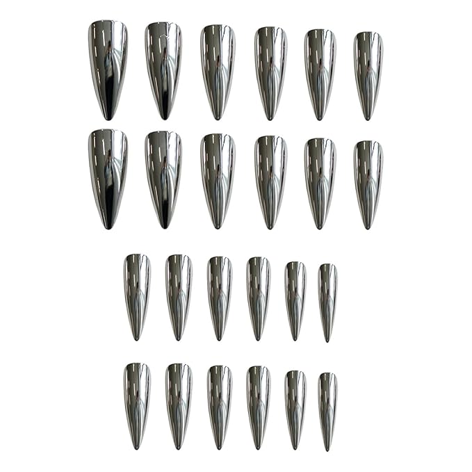 24pcs Silver Chrome Press On Stiletto Glossy Mirror Full Cover Acrylic Ballerina Glue On Almond Shape False Nails for Women & Girls