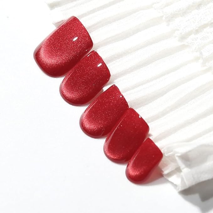 Red Press on Nails Short Square, Cat Eye Press on Nails, Fashion Gel Fake Nails, Reusable Acrylic Fake Nails, Glossy Stick on Nails for Women Girls Gift, Glue on Nails Kit, 24 Pcs, Ruby Flash