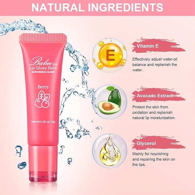 GECOMO Lip Glowy Balm, Moisturizing Lip Gloss, Nourishing Glossy Transparent Plumping Oil, Non-sticky Tinted Toot Lip Balm for Lip Care (BERRY) 0.35oz-VivaGrace Women