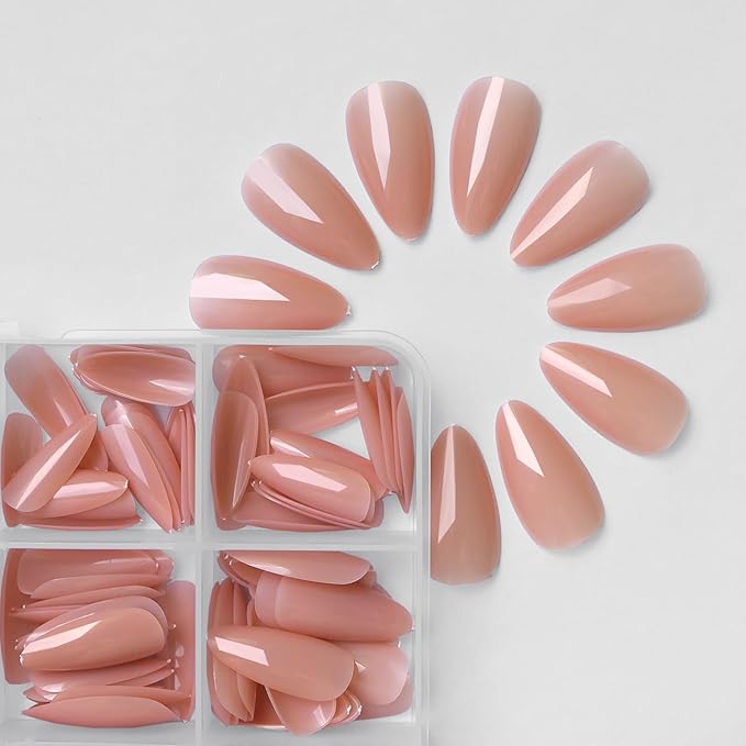 LoveOurHome 240pc Almond Press on Nails Medium Length, Colored Nude Fake Nail Tips Full Cover Artificial Fingernail French Stiletto Manicure with Adhesive Tabs for Women Girls Kids