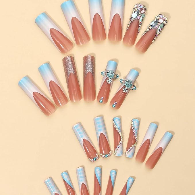 Square Press on Nails Long Nails Press Ons with Design Rhinestone Glue on Nails French Tip Nails for Women 24pcs (Seafoam)
