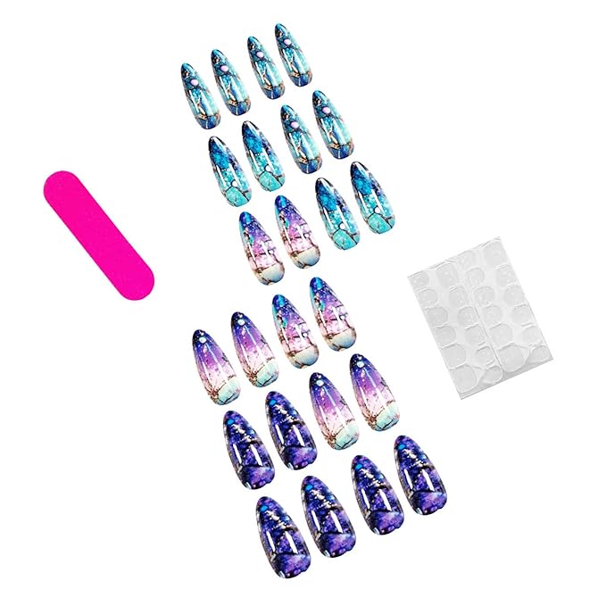 Almond Press on Nails Medium Length Fake Nails Sparkly False Nails with Stained Glass Windows Designs Ombre Artificial Nails Cute Stick on Nails for Women 24Pcs