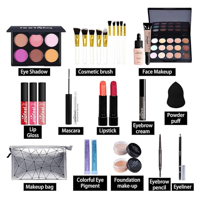 Multipurpose All in One Makeup Kit Full Kit with Eyeshadow Palette Lipstick Blush Powder Foundation Concealer Lip Gloss Mascara makeup kit for women-VivaGrace Women