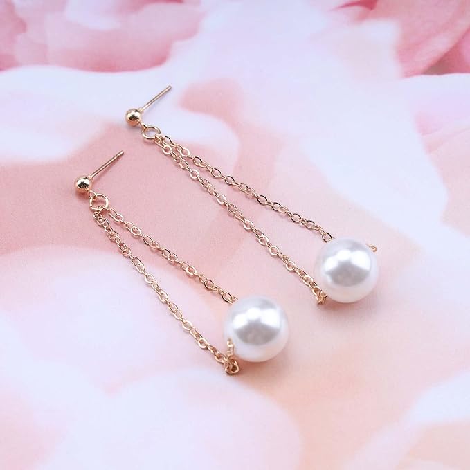 Vintage Pearl Earrings Long Pearl Stud Earrings Boho Gold Pearl Pendant Earrings Big Pearl Dangling Earrings Jewelry for Women and Girls-VivaGrace Women
