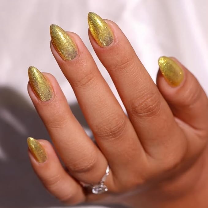 Gold Glitter Press on Nails Medium Almond Shape,KQueenest Iridescent Shimmer Acrylic Fake Nails,Sparkling Gel Nails Press ons,Glossy Flash Glue on Nails Medium False Nails with Designs in 24 PCS