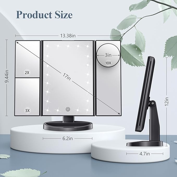 HUONUL Makeup Mirror Vanity with Lights, 2X 3X 10X Magnification, Lighted Mirror, Touch Control, Trifold Dual Power Supply, Portable LED Women Gift (Black)-VivaGrace Women