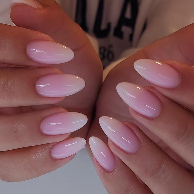 Pink Gradient Press on Nails Medium Almond Fake Nails with White Ombre Design False Nails Glossy Glue on Nails Artificial Acrylic Stick on Nails for Women Girls Manicure 24pcs, Style010