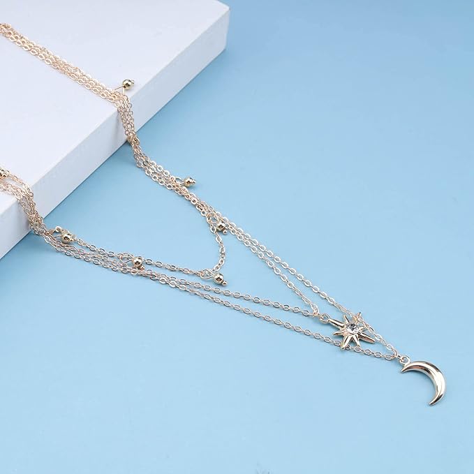 Bohemia Layered Star Choker Necklace Crescent Moon Pendant Necklace Chain Crystal Star Choker Necklace Gold Moon Necklace Jewelry for Women and Girls-VivaGrace Women