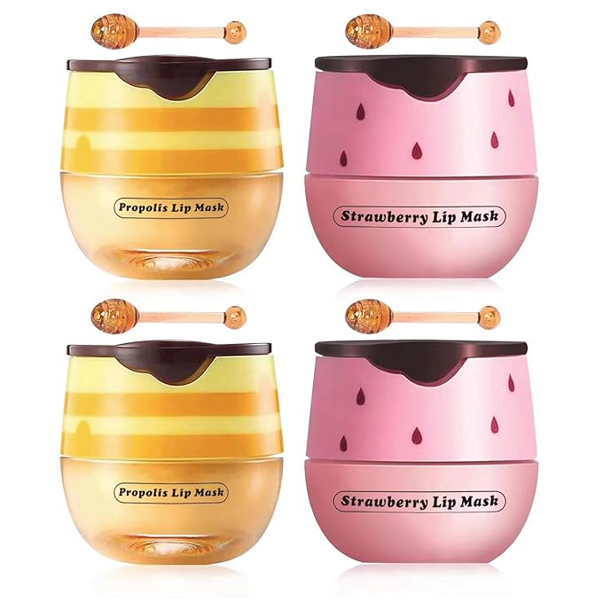 4 Pcs Strawberry & Honey Lip Balm, Vitamin E Lip Masks Moisturizing Propolis Sleeping Lip Mask, Hydrating & Prevention Dry and Cracked Lip Scrubs Exfoliator (2 Pack Strawberry + 2 Pack Honey)-VivaGrace Women