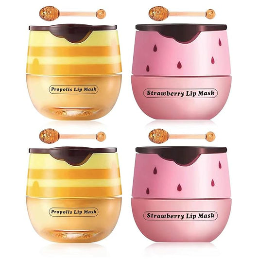 4 Pcs Strawberry & Honey Lip Balm, Vitamin E Lip Masks Moisturizing Propolis Sleeping Lip Mask, Hydrating & Prevention Dry and Cracked Lip Scrubs Exfoliator (2 Pack Strawberry + 2 Pack Honey)-VivaGrace Women