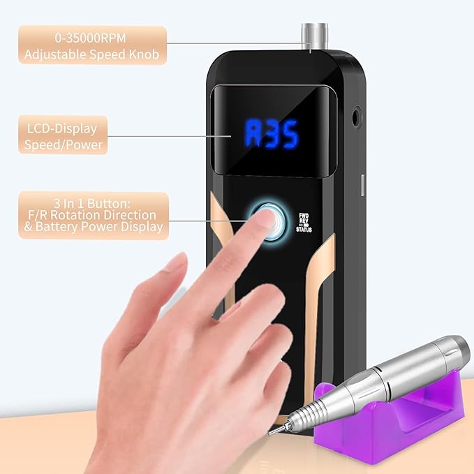 Portable Nail Drill Professional 35000 RPM, MOCOWIND Rechargeable Electric Nail File Machine for Acrylic Nails Gel Polishing Removing, Cordless E-File with Bits Kit for Manicure Salon Home, Black-VivaGrace Women