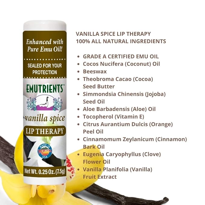 Montana Emu Ranch - Lip Therapy Lip Balm 0.25 Ounce - Vanilla Spice Flavor - Enhanced with Pure Emu Oil-VivaGrace Women