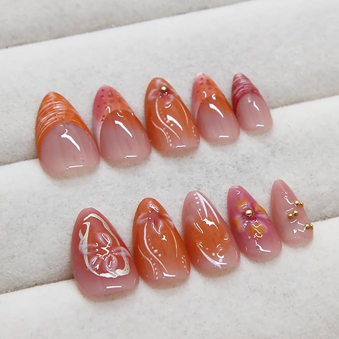 24Pcs Red Flower Press on Nails Medium Almond French Tip Fake Nails with 3D Gilding Rhinestones Design Spring Summer False Nails Full Cover Artificial Glue on Nails Handmade Stick on Nails for Women