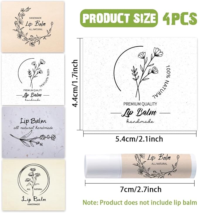 OLYCRAFT 100Pcs 4 Style Lip Balm Label Sticker Word Labels Stickers Adhesive Lip Balm Label Sticker Plastic Lipstick Tag Stickers for Lip Balm Container Tubes 1.7x2.1 inch-VivaGrace Women
