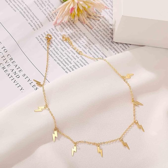Boho Lighting Bolt Choker Necklace Gold Dangle Thunder Necklace Minimalist Collar Chain Necklace Weather Necklace Jewelry for Women and Girls-VivaGrace Women