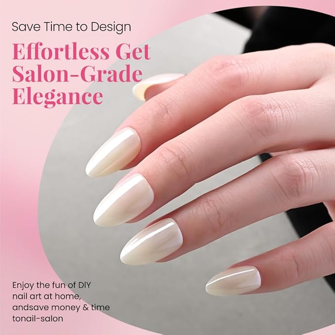 Aurora Chrome White Press On Nails Short Almond 30 Pcs, Designer Reusable Acrylic Fake Nails with Glue, Glossy Soft Gel Nails Wedding and Party, Stick On Glue On Nails, Nails fro Women Gift