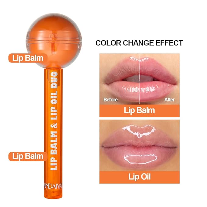Tinted Lip Balm Lollipop Lip Gloss, Magic pH Color Changing Pink Lipstick & Vitamin E Clear Lip Oil Combo, Hydrating Plumping Lip Care Product for Girls (Orange)-VivaGrace Women