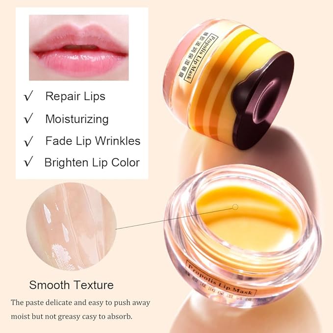 Bee Lip Balm Honey Pot, 2 PCS Strawberry & Honey Hydrating Prevention Dry and Cracked Lip Scrubs Exfoliator, Propolis Moisturizing Lip Sleep Mask Reduces Lip Lines, Lip Exfoliating Honey Bee Lip Mask-VivaGrace Women