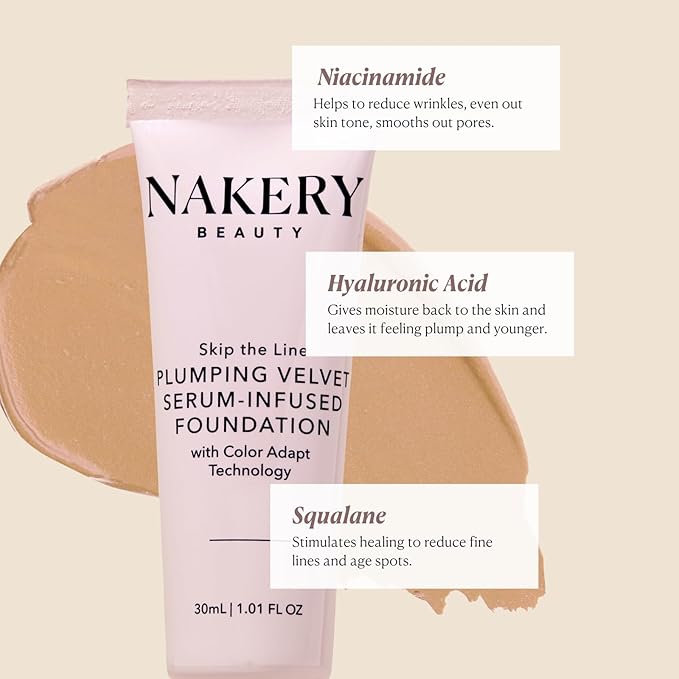 Nakery Full Coverage Foundation for Women - 5 in 1 Plumping Liquid Foundation Makeup - Serum Infused Makeup Foundation Smart Color Adapt with Niacinamide & Hyaluronic Acid for All Skin Types - Light-VivaGrace Women