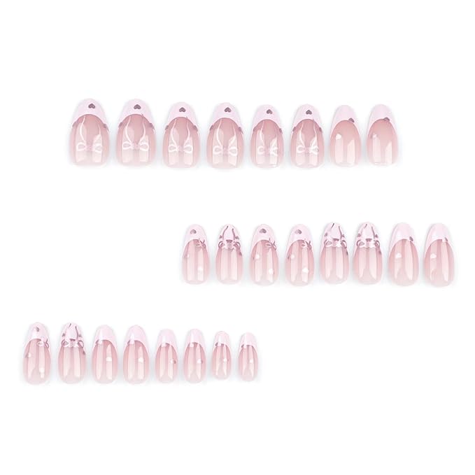 Press-On Nails - Medium Almond French Tip Nude Glossy Artificial Acrylic Nails with Silver Heart Design - 24 Pcs