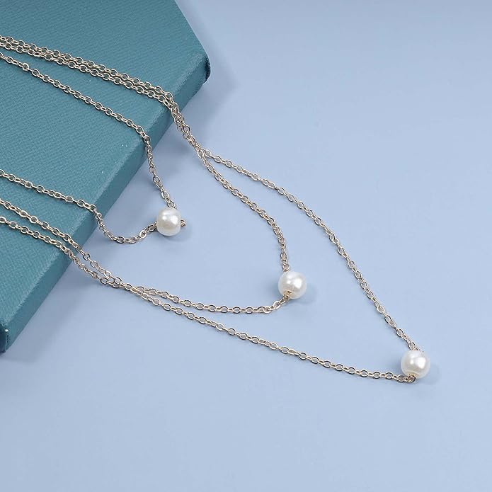 Boho Layered Pearl Necklace Choker Gold Pearl Pendant Necklace Multi Layer Vintage Necklace Chain Bridal Necklace Jewelry for Women and Girls-VivaGrace Women