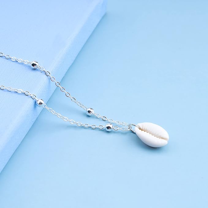 Bohemia Sea Shell Choker Necklace Natural Shell Pendant Necklace Minimalist Cowrie Necklace Silver Satellite Chain Necklace Jewelry for Women and Girls-VivaGrace Women