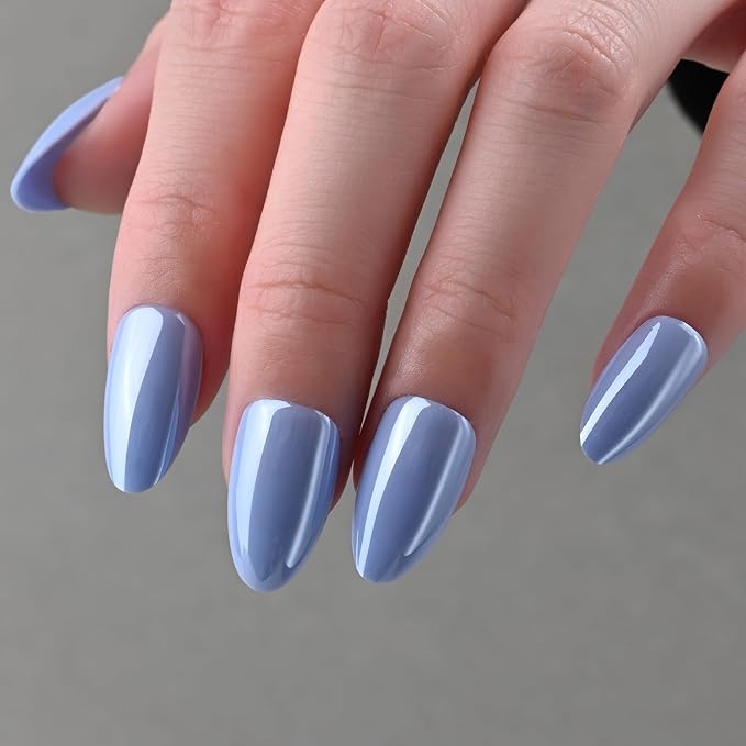 Chrome Spring Press on Nails Short Almond, Light Blue Press on Nails Almond, Fashion Gel Fake Nails, Reusable Glossy Stick on Nails for Women, Glue on Nails Kit,15 Sizes - 30Pcs