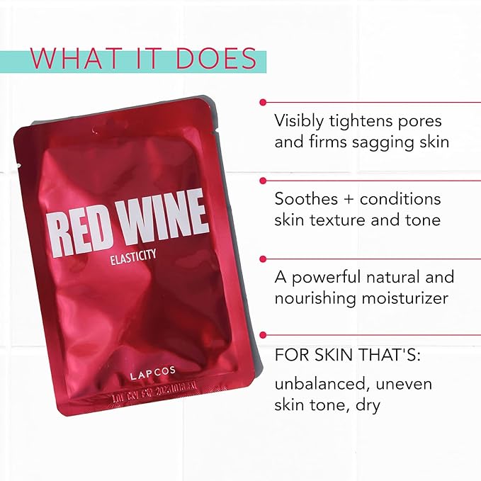 LAPCOS Red Wine Sheet Mask, Daily Face Mask to Restore and Soften Skin, Korean Beauty Favorite, 5-Pack-VivaGrace Women