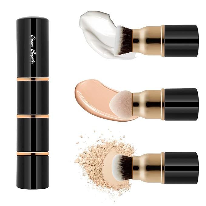 3 in 1 Professional Liquid foundation Makeup Brush Set Kabuki Face Blush Foudation Brush Powder Sponge for Powder/Liquid/Cream Travel Cosmetics Makeup Brushes with Cap-VivaGrace Women
