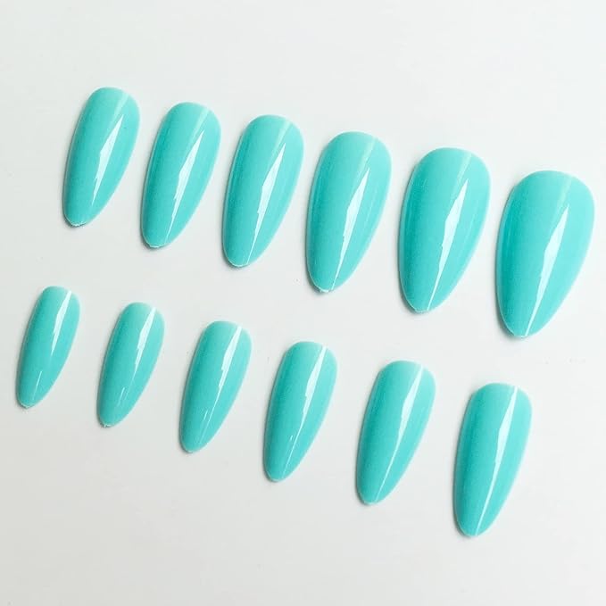 LoveOurHome 240pc Almond Press on Nails Medium Stiletto Fake Fingernails Full Cover False Artificial Nail Tips Blue Manicure Decor with Tabs for Women Girls