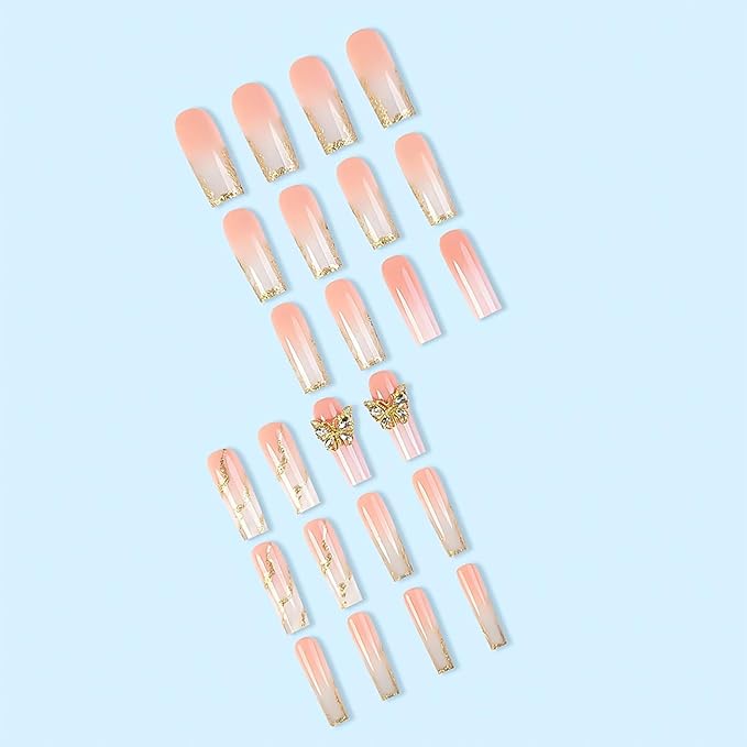 Nail Press ons Long Press on Nails Coffin Fake Fingernails Glossy Ombre Acrylic False Nails with 3D Butterfly Designs Gold Glitter Powder Artificial Nails Stick on Nails for Women 24Pcs