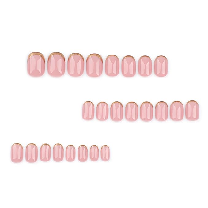 Pink Press On Nails Short Round, Gold Glitter Reverse French Design Short False Nails, Reusable Stick On Fake Nails with Glue For Women, 12 Sizes-24 Salon Quality Nail Kit, Gift for Woman