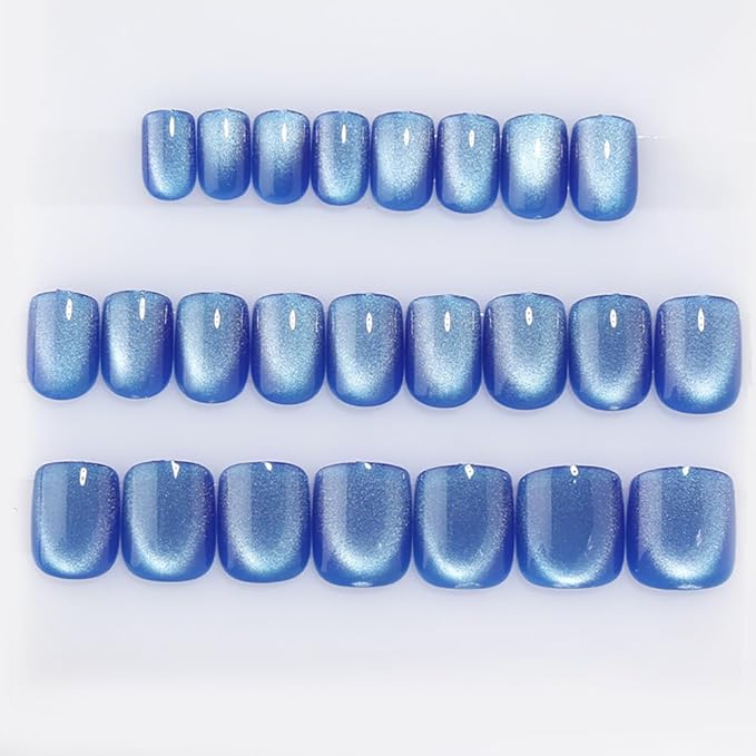 Blue Press on Nails Short Square, Cat Eye Press on Nails, Fashion Gel Fake Nails, Reusable Acrylic Fake Nails, Glossy Stick on Nails for Women Girls Gift, Glue on Nails Kit, Ice Blue